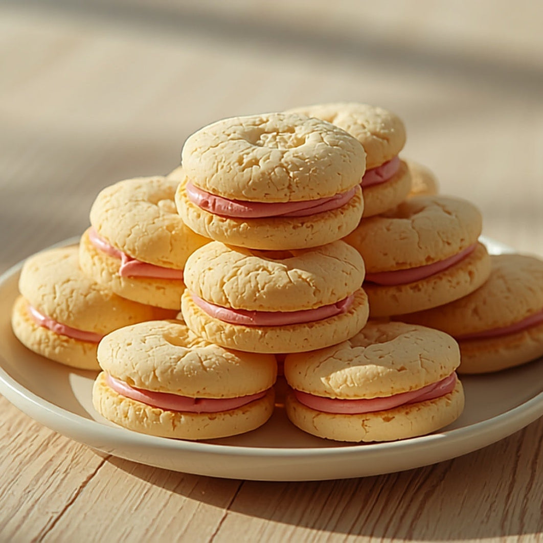 A stacked plate of native Kunzea yoyo biscuits sandwiched with pink Davidson Plum buttercream